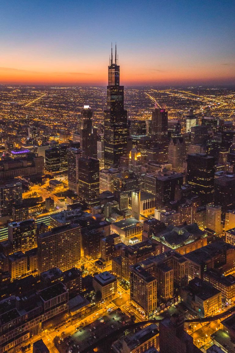 Willis Tower Night Chicago Aerial - Toby Harriman