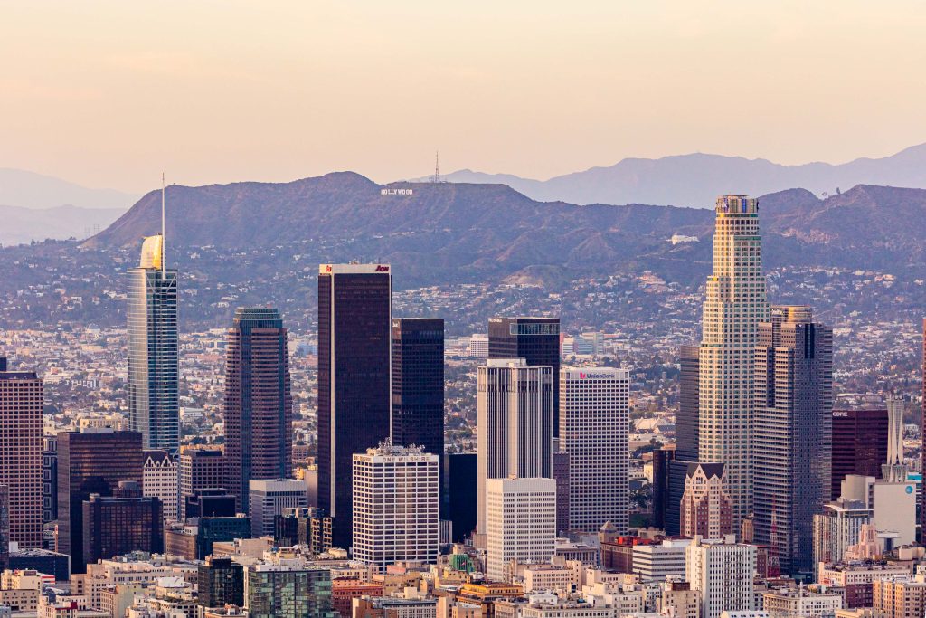 Downtown Los Angeles Skyline with Hollywood Sign - Aerial Photography ...