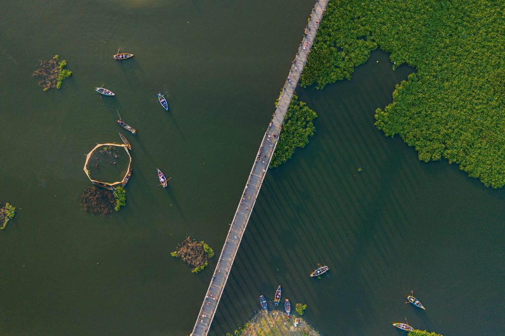 Aerial Fisherman at U Bein Bridge Myanmar