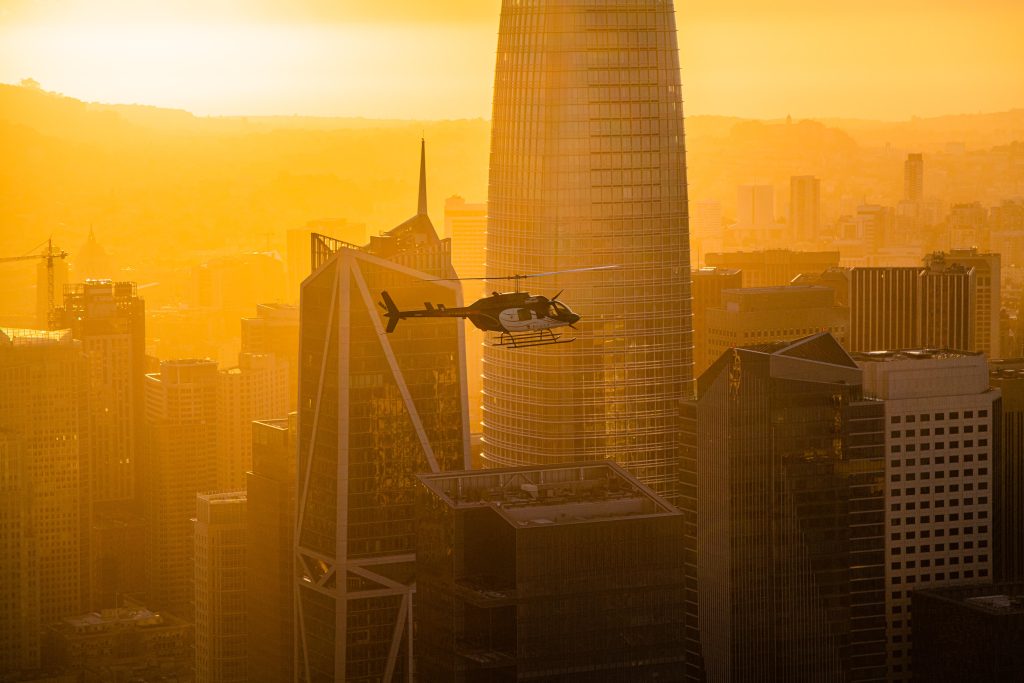 Air-to-Air with a Bell 206L-3 LongRanger Helicopter above downtown San Francisco California - Aerial Aviation Photography by Toby Harriman with Specialized Helicopters - 1