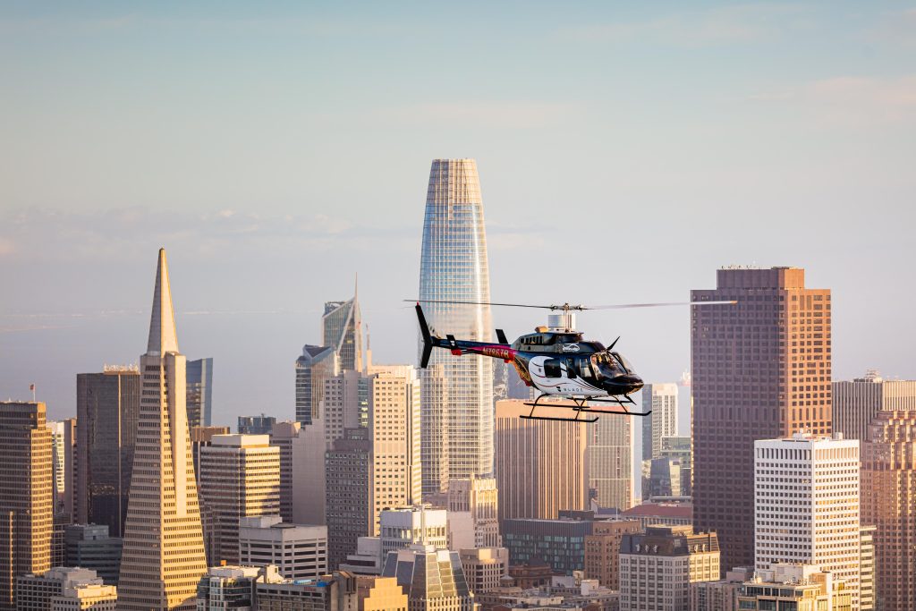 Air-to-Air with a Bell 206L-3 LongRanger Helicopter above downtown San Francisco California - Aerial Aviation Photography by Toby Harriman with Specialized Helicopters - 2
