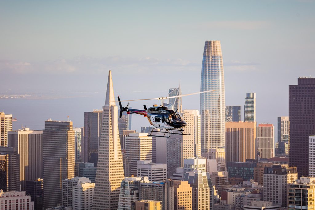 Air-to-Air with a Bell 206L-3 LongRanger Helicopter above downtown San Francisco California - Aerial Aviation Photography by Toby Harriman with Specialized Helicopters - 3