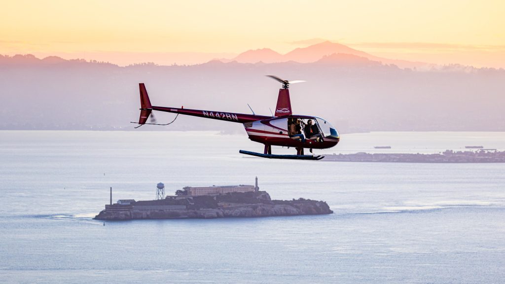 Air-to-Air with a Robinson R44 Helicopter above Alcatraz Island in San Francisco California - Aerial Aviation Photography by Toby Harriman with Specialized Helicopters - 1