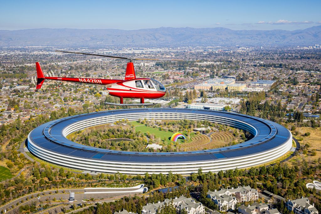 Air-to-Air with a Robinson R44 Helicopter above Apple Park HQ Spaceship California - Aerial Aviation Photography by Toby Harriman with Specialized Helicopters - 1