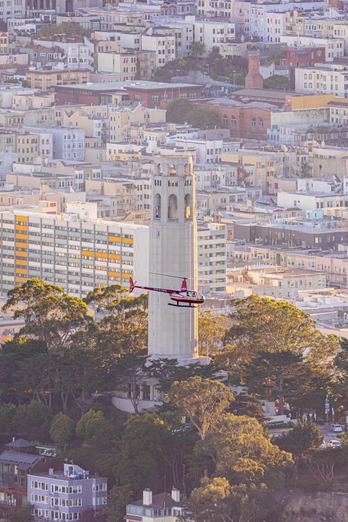 Air-to-Air with a Robinson R44 Helicopter above Coit Tower in San Francisco California - Aerial Aviation Photography by Toby Harriman with Specialized Helicopters - 1