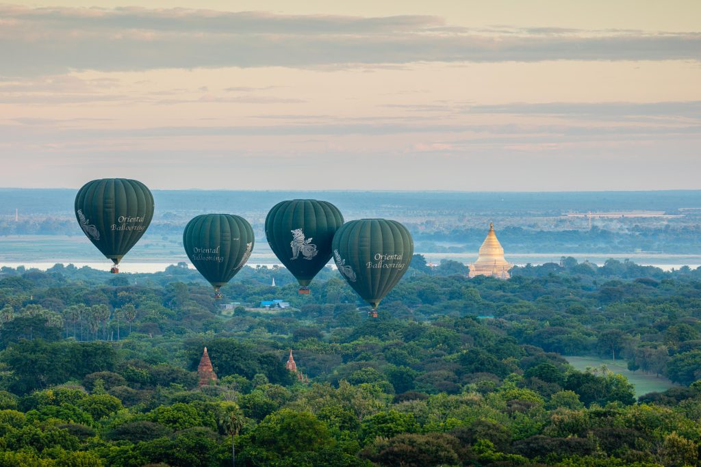 Balloons over Bagan Pagoda Myanmar