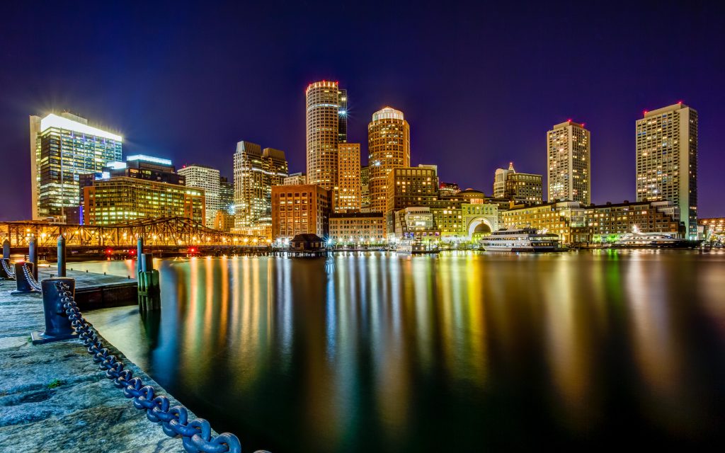 Downtown Boston Waterfront Skyline Night Photography