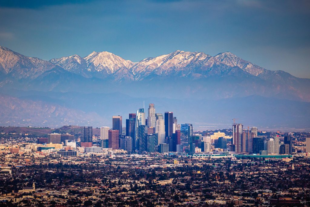 Los Angeles 2020 Skyline with Snow Capped Mountains Sunset Toby