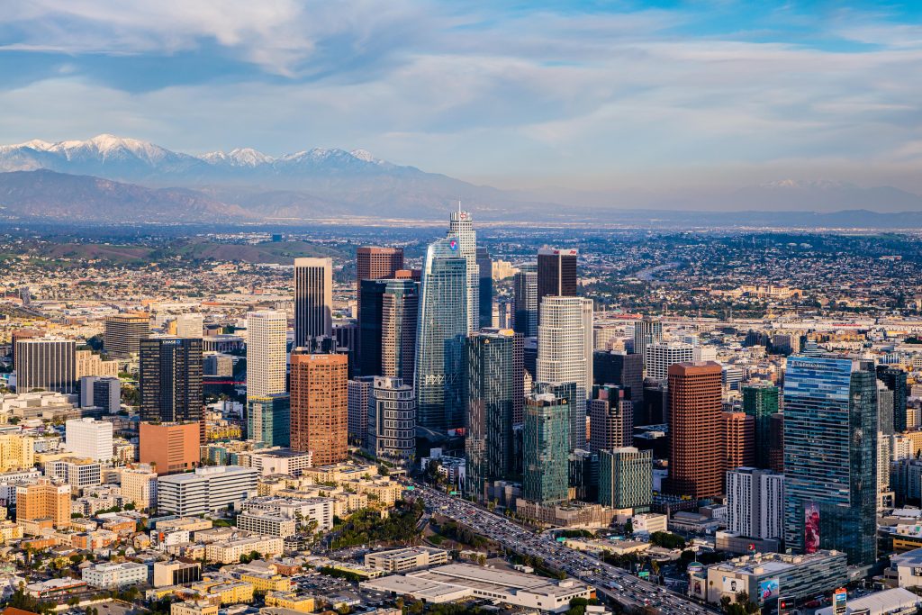 Wide Downtown Los Angeles Snow Peaked Mountains Aerial Sunset Ph