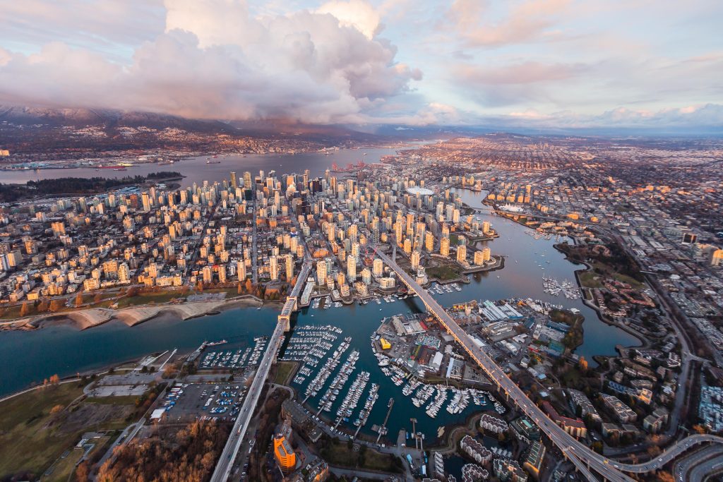 False Creek Downtown Vancouver Sunset Skyline Aerial Photo Wide