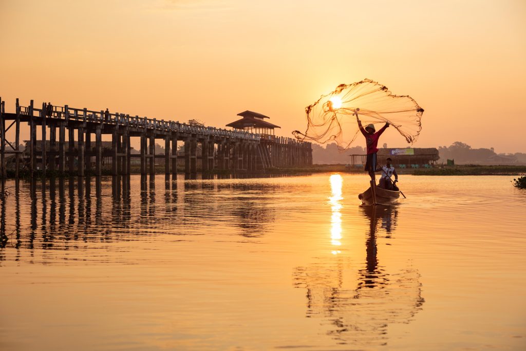Fisherman at U Bein Bridge Myanmar Sunrise