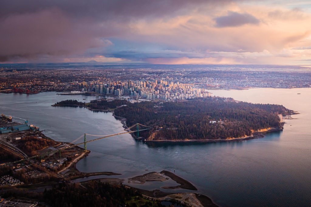 Vancouver Skyline Lions Gate Bridge Aerial Sunset Glow